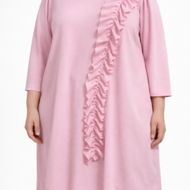 Vestido Rosa con Volante Diagonal – Manga 3/4 – Talla Grande