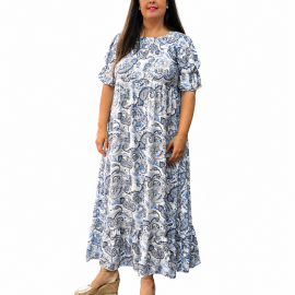 Vestido largo estampado paisley azul y blanco